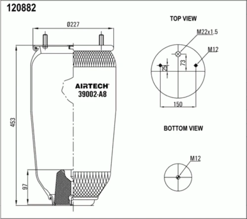 39002-A8P AIRTECH Пневмоподушка без стак. h453 2шп.m12смещ.25. 1отв.штуц.m22. 1отв.m12 ror, mb (фото 1)