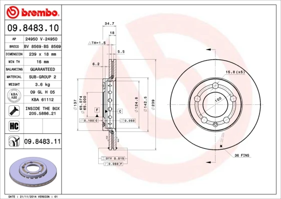 09.8483.10 BREMBO Тормозной диск (фото 5)