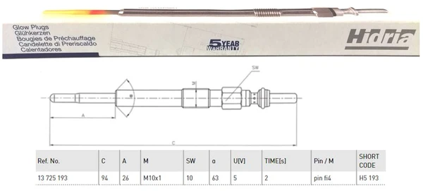 H5 193 HIDRIA Свеча накаливания (фото 1)