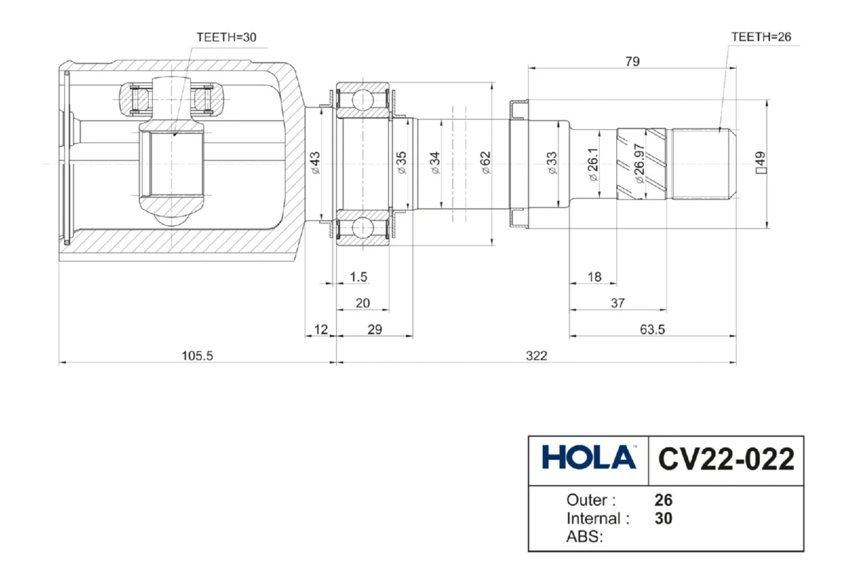 CV22-022 HOLA Шарнирный комплект, приводной вал (фото 5)