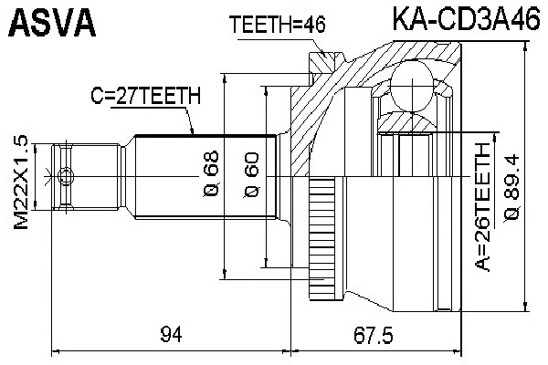 KA-CD3A46 ASVA Шарнирный комплект, приводной вал (фото 1)
