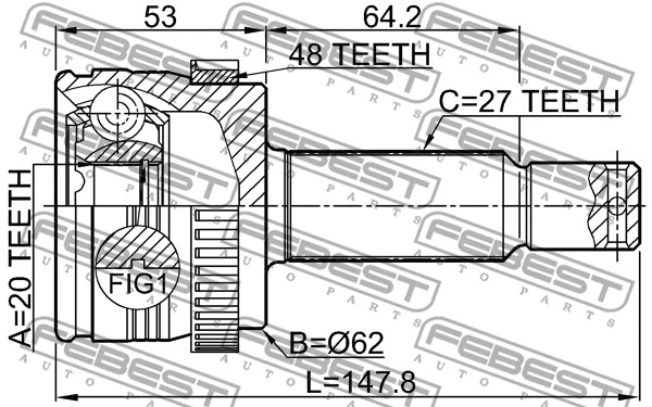 1210-IX35A48R FEBEST Шарнирный комплект, приводной вал (фото 2)