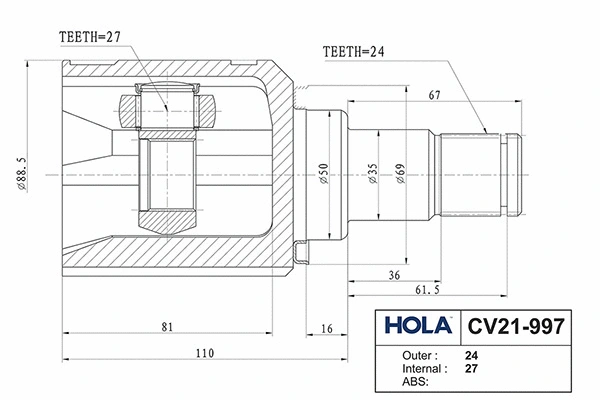 CV21-997 HOLA Шарнирный комплект, приводной вал (фото 3)