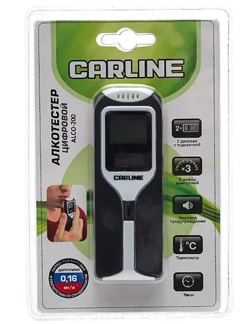 ALCO-200 CARLINE Алкотестер цифровой, два дисплея, звуковое предупреждение, 3 шкалы измерений, часы, термометр, покрытие Soft Touch (фото 1)
