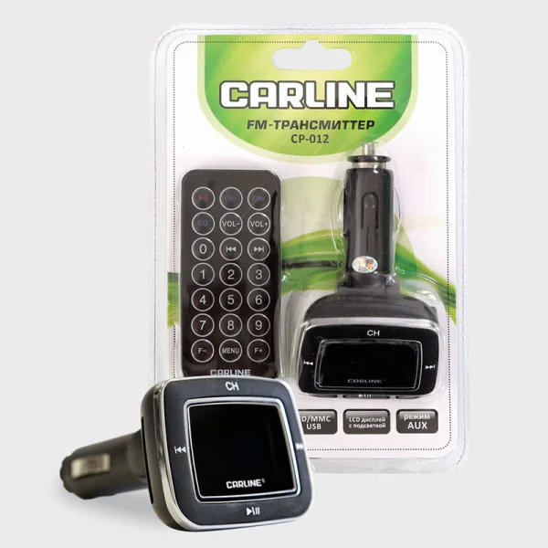 CP-012 CARLINE FM-трансмиттер автомобильный, монохромный LCD с подсветкой, поддержка MP3,WMA, USB-порт, microSD до 16 Гб, пульт дистанционного управления, запасной предохранитель (фото 1)