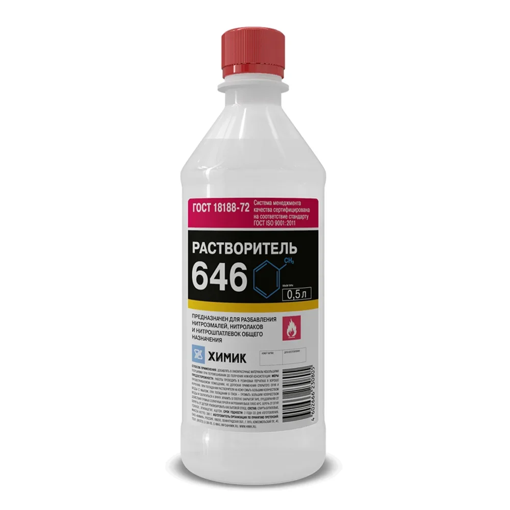 66230805 ХИМИК Растворитель 646, для разбавления нитроэмалей, нитролаков, нитрошпатлевок общего назначения, эфективное средство для очистки деталей и механизмов, 0.5 л (фото 1)