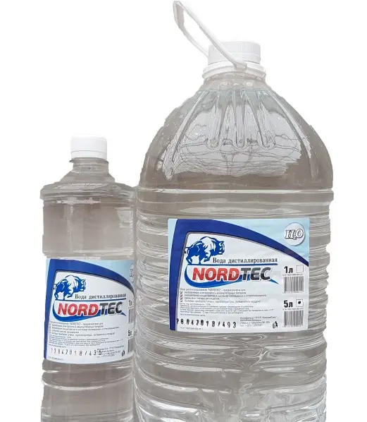 NWA5 NORDTEC Вода дистиллированная для промывки системы охлаждения, разбавления охлаждающих жидкостей, наполнения утюгов, увлажнителей, пароочистителей, 5 л (фото 1)