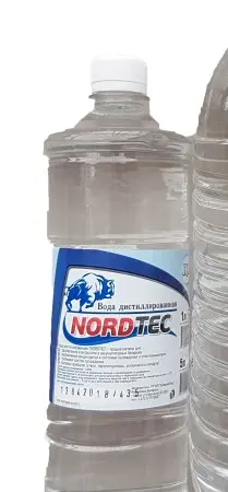 NWA1 NORDTEC Вода дистиллированная для промывки системы охлаждения, разбавления охлаждающих жидкостей, наполнения утюгов, увлажнителей, пароочистителей, 1 л (фото 1)