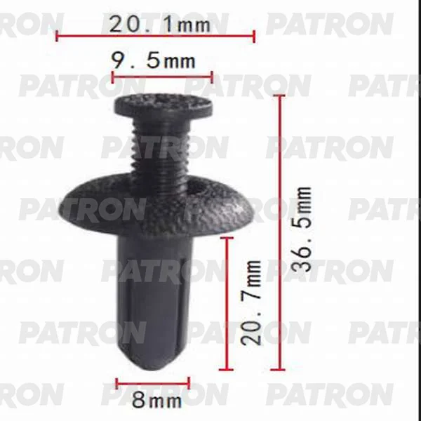 P37-0023 PATRON Клипса пластмассовая Acura, Honda, Hyundai, Kia, Lexus, Mitsubishi, Toyota применяемость: брызговики, подкрылок, бампер, крылья (фото 1)