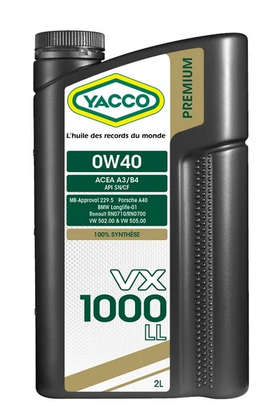 YACCO 0W40 VX 1000 LL/2 YACCO Масло моторное синтетическое 2 л - ACEA A3/B4 ,BMW LL-01 ,Renault RN0710/RN0700 ,VW 502.00/505.00 ,FORD WWS-M2C937-A MB-Approval 229.5 ,PORSCHE A40 ,API SN (фото 1)