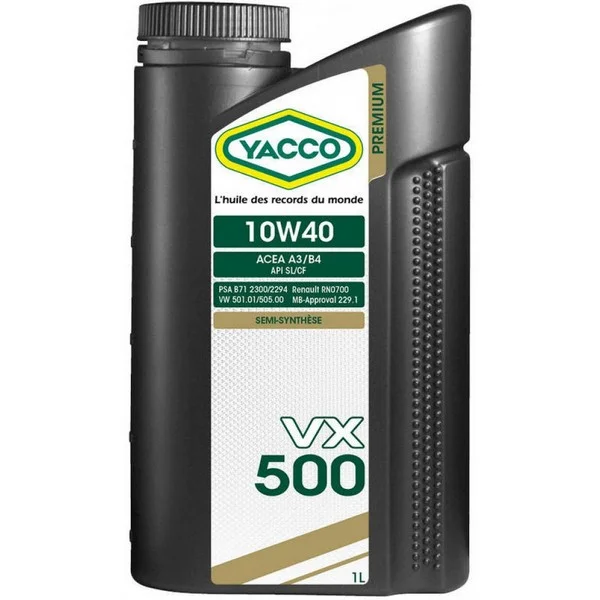 YACCO 10W40 VX 500/1 YACCO Масло моторное полусинтетическое 1 л - ACEA A3/B4,PSA B71 2300(2012),API SN/CF,MB-Approval 229.1,RN0710/0700,VW 502.00/505.00 (фото 1)