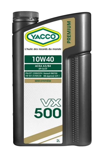 YACCO 10W40 VX 500/2 YACCO Масло моторное полусинтетическое 2 л - ACEA A3/B4,PSA B71 2300(2012),API SN/CF,MB-Approval 229.1,RN0710/0700,VW 502.00/505.00 (фото 1)