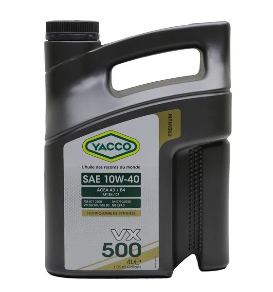 YACCO 10W40 VX 500/4 YACCO Масло моторное полусинтетическое 4 л - ACEA A3/B4,PSA B71 2300(2012),API SN/CF,MB-Approval 229.1,RN0710/0700,VW 502.00/505.00 (фото 1)