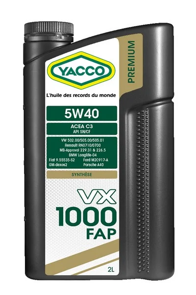 YACCO 5W40 VX 1000 FAP/2 YACCO Масло моторное синтетическое 2 л - ACEA C3,A3/B4-07,API CF,9.55535-S2,GM dexos2,Ford WSS-M2C917-A API SN,BMW LL-04,229.31&226.5,PORSCHE A40,VW 502.00/505.00/505.01,RN 0710/0700 (фото 1)