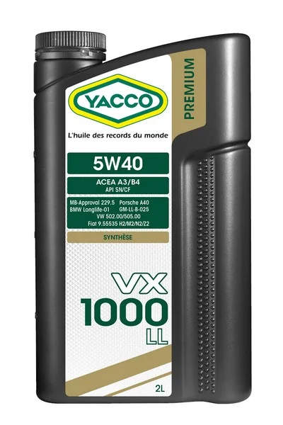 YACCO 5W40 VX 1000 LL/2 YACCO Масло моторное синтетическое 2 л - ACEA A3/B4,API CF,9.55535-H2/M2/N2/Z2,GM-LL-B025,RN 0710/0700,PSA B712296 API SN,BMW LL-01,MB-Approval 229.5,PORSCHE A40,VW 502.00/505.00 (фото 1)