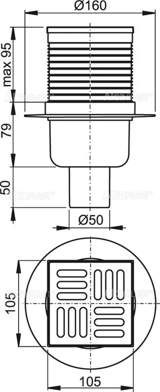 APV32 Alcaplast Трап с вертикальным отводом с решеткой из нержавеющей стали (105x105) 50 Alca (фото 1)