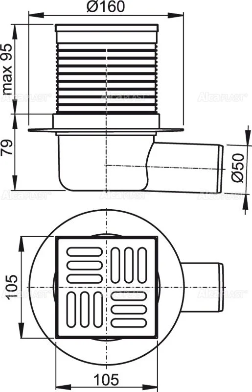 APV31 Alcaplast Трап с горизонтальным отводом с решеткой из нержавеющей стали (105х105) 50 Alca (фото 1)