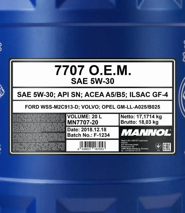 99023 MANNOL Моторное масло 5W30 синтетическое 7707 OEM for Ford Volvo 20 л (фото 3)