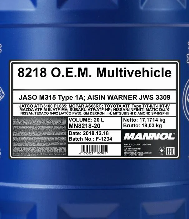 54491 MANNOL Масло трансмиссионное 8218 OEM Multivehicle JWS 20 л (фото 2)