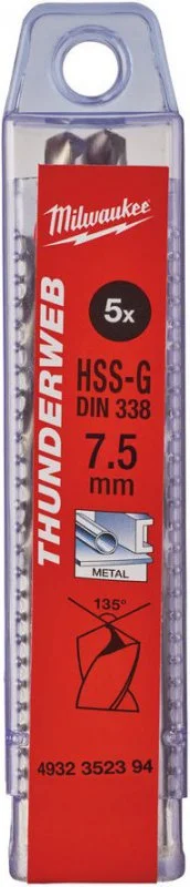 4932352394 MILWAUKEE Сверло по металлу 7,5x69x109 мм 5 штук Thunderweb HSS-G (фото 1)