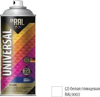 26-7-6-002 INRAL Эмаль аэрозольная универсальная белый глянец 9003 02 Universal Enamel 400 мл (фото 1)