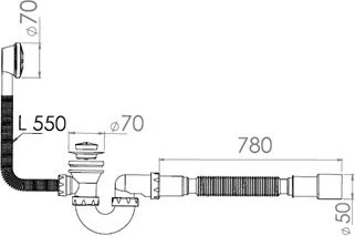 1520 NOVA Сифон для ванны U-образный с выпуском и переливом 70 мм с гибкой трубой 40х40/50 (фото 2)