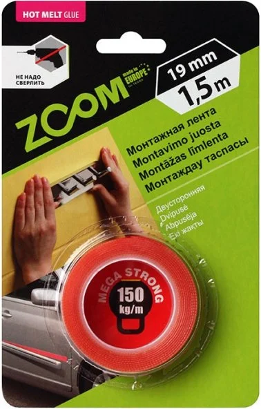 02-5-3-203 ZOOM Лента двухсторонняя клейкая 19 мм 1,5 м Mega Strong (фото 1)