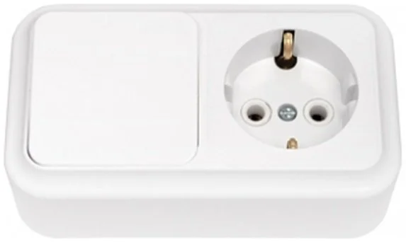 В-РЦ-527 BYLECTRICA Выключатель с розеткой и заземлением наружный Пралеска белый (фото 1)