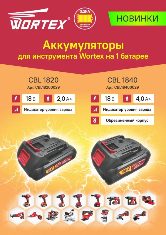 CBL18200029 WORTEX Аккумулятор 18 В 2 Ач Li-Ion CBL 1820 (фото 3)