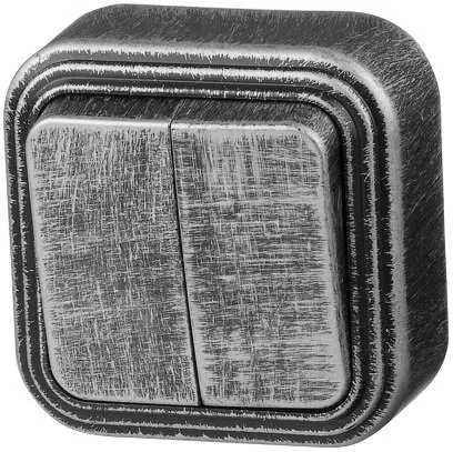 JP7431-02 ЮПИТЕР Выключатель двухклавишный наружный Стандарт серебро (фото 1)