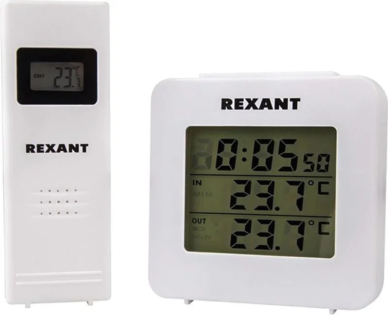 70-0592 REXANT Электронный термометр с часами и беспроводным выносным датчиком (фото 1)