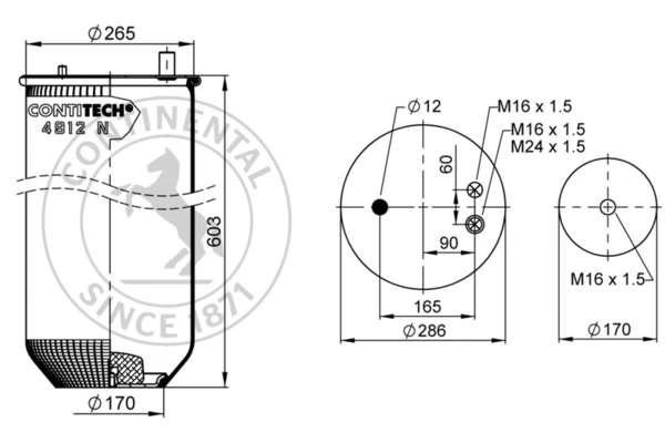 4912 N P08 CONTITECH Пневмоподушка без стак. 1шп.d12 1шп-шт.m16 1шп-шт.m16/m24 1шп.m16 rvi premium (фото 1)