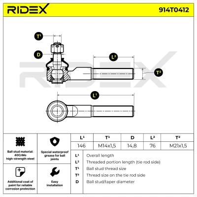 914T0412 RIDEX Наконечник поперечной рулевой тяги (фото 6)