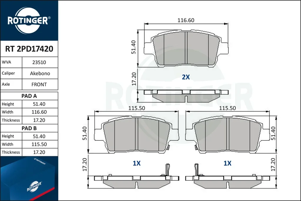 RT 2PD17420 ROTINGER Комплект тормозных колодок, дисковый тормоз (фото 1)