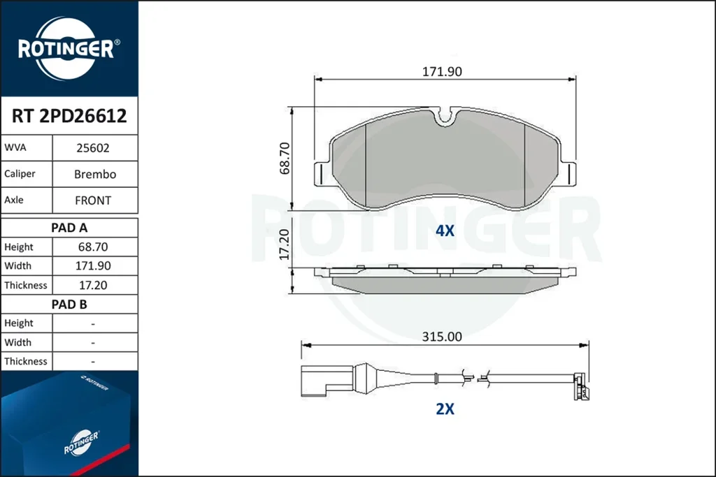 RT 2PD26612 ROTINGER Комплект тормозных колодок, дисковый тормоз (фото 1)