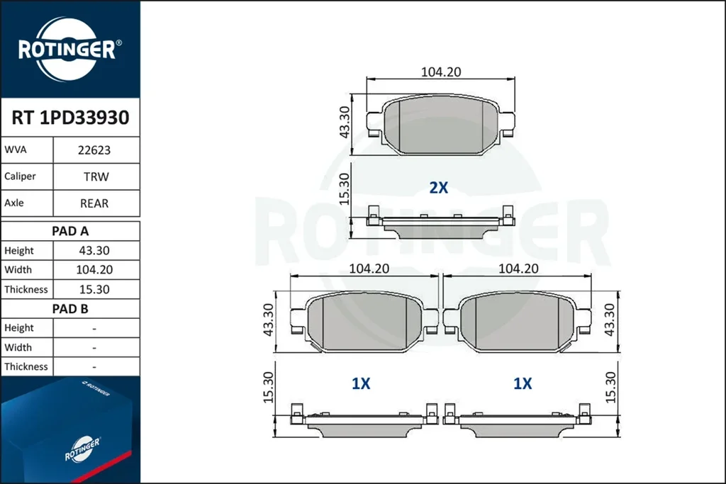 RT 1PD33930 ROTINGER Комплект тормозных колодок, дисковый тормоз (фото 1)