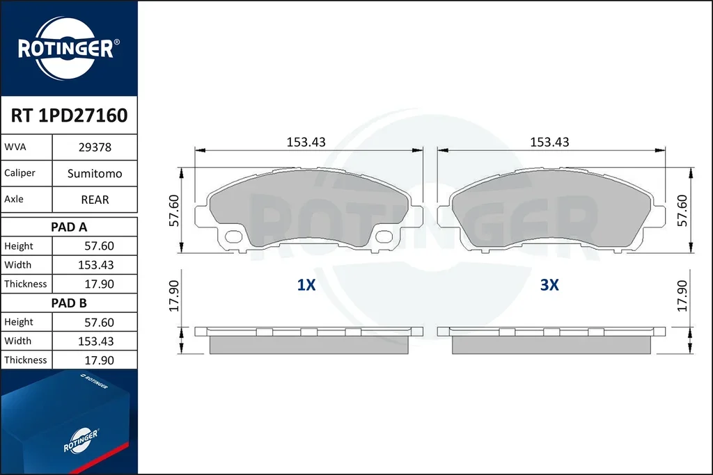 RT 1PD27160 ROTINGER Комплект тормозных колодок, дисковый тормоз (фото 1)