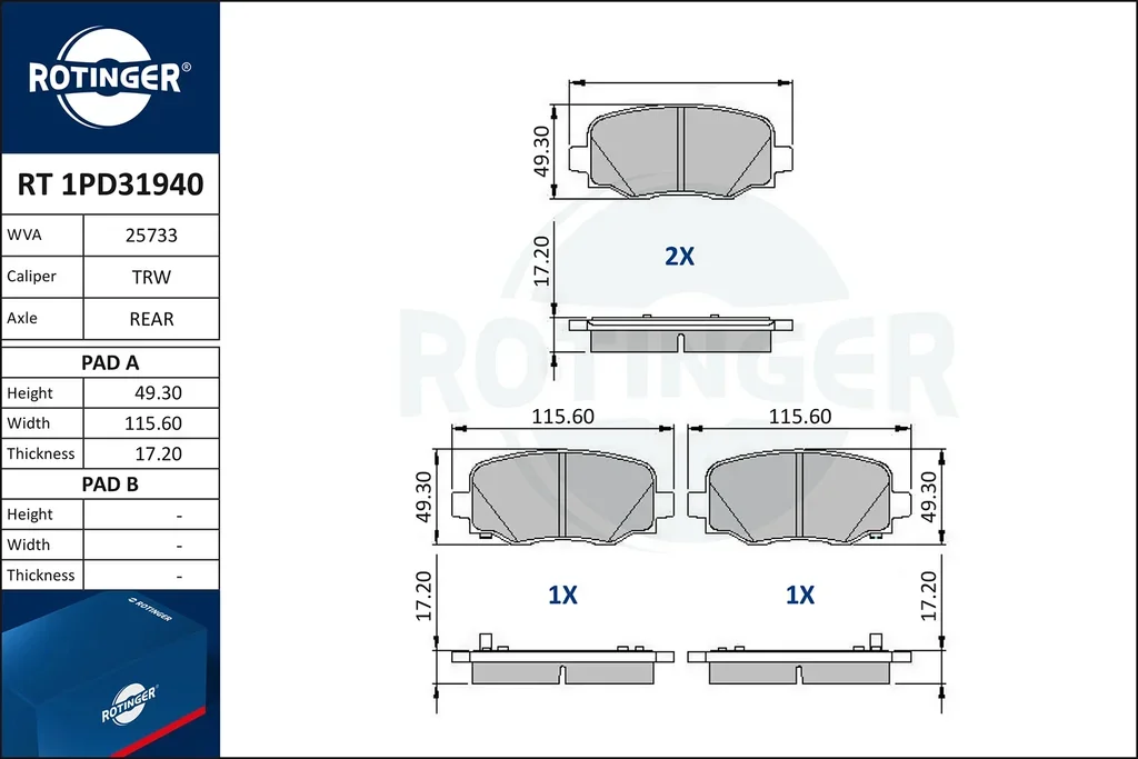 RT 1PD31940 ROTINGER Комплект тормозных колодок, дисковый тормоз (фото 1)