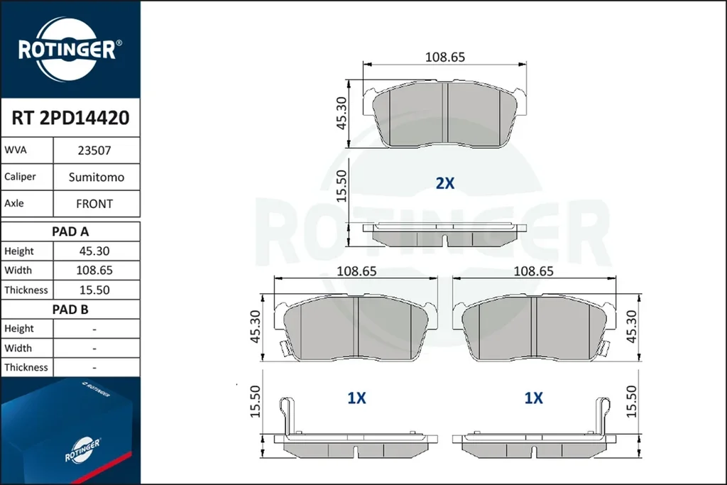 RT 2PD14420 ROTINGER Комплект тормозных колодок, дисковый тормоз (фото 1)