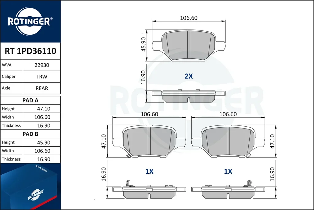 RT 1PD36110 ROTINGER Комплект тормозных колодок, дисковый тормоз (фото 1)