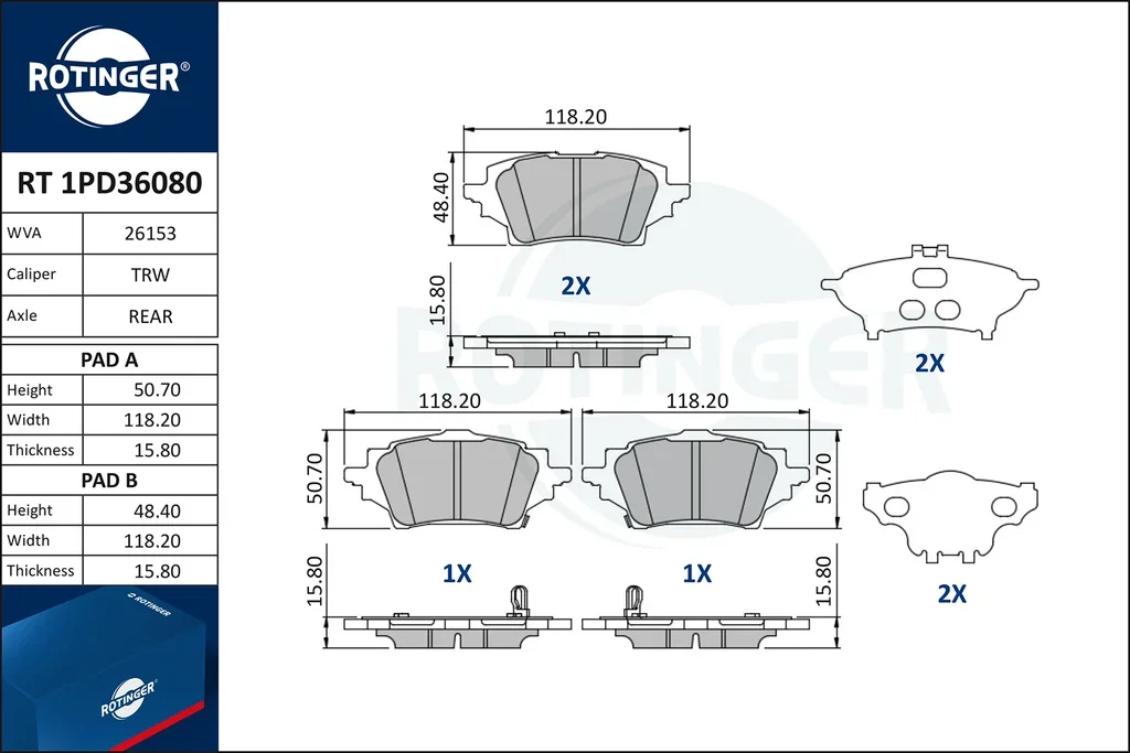 RT 1PD36080 ROTINGER Комплект тормозных колодок, дисковый тормоз (фото 1)