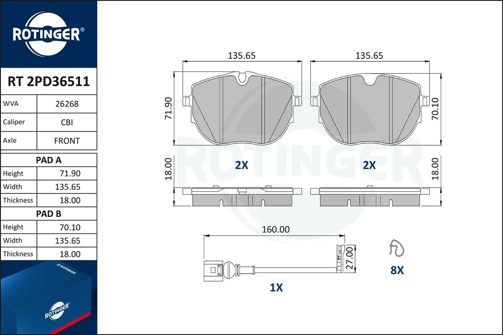 RT 2PD36511 ROTINGER Комплект тормозных колодок, дисковый тормоз (фото 1)