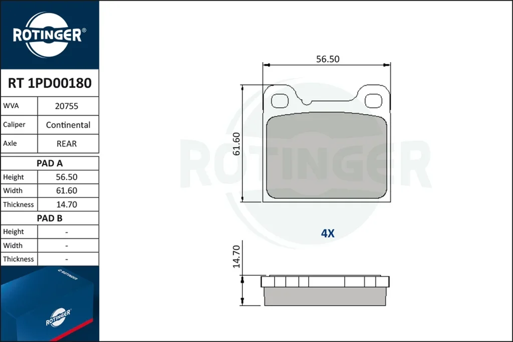 RT 1PD00180 ROTINGER Комплект тормозных колодок, дисковый тормоз (фото 1)
