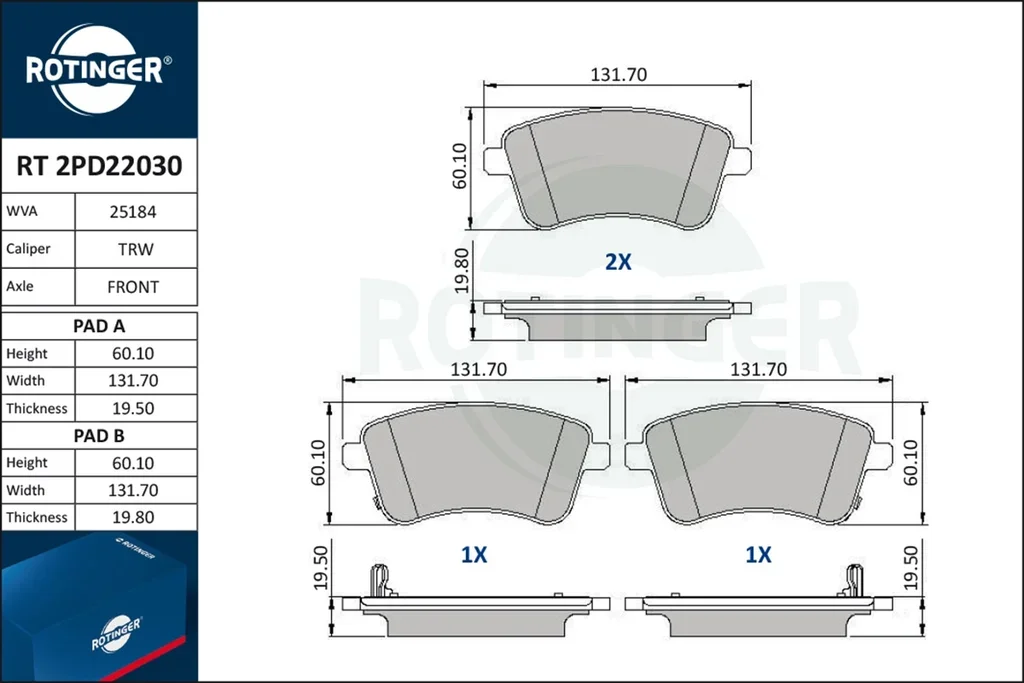 RT 2PD22030 ROTINGER Комплект тормозных колодок, дисковый тормоз (фото 1)