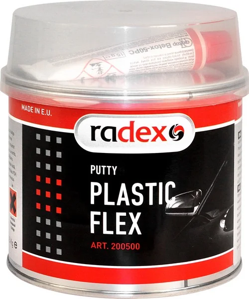 RAD200500 RADEX Шпатлевка высокая эластичность, благодаря наличию экстра-пластификатора, высокая адгезия к большинству пластиков, хорошее прилипание к полипропилену, 0,5 кг (фото 1)