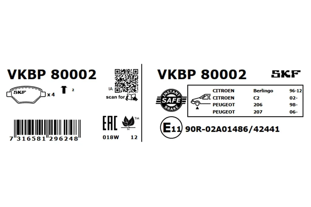 VKBP 80002 SKF Комплект тормозных колодок, дисковый тормоз (фото 3)