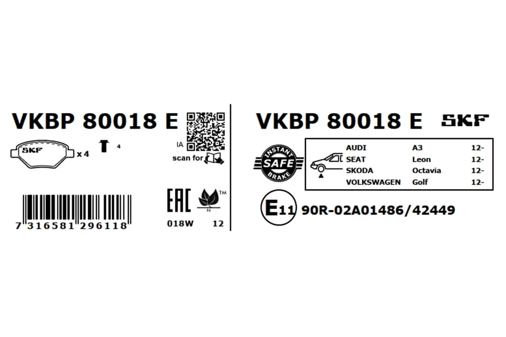 VKBP 80018 E SKF Комплект тормозных колодок, дисковый тормоз (фото 2)