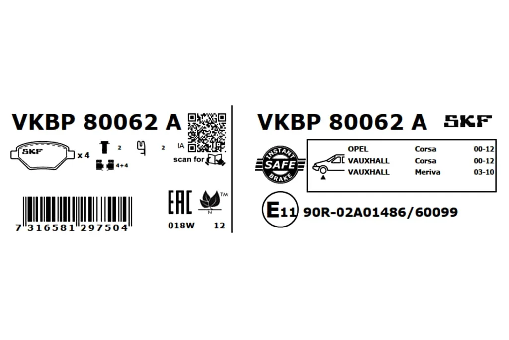 VKBP 80062 A SKF Комплект тормозных колодок, дисковый тормоз (фото 3)
