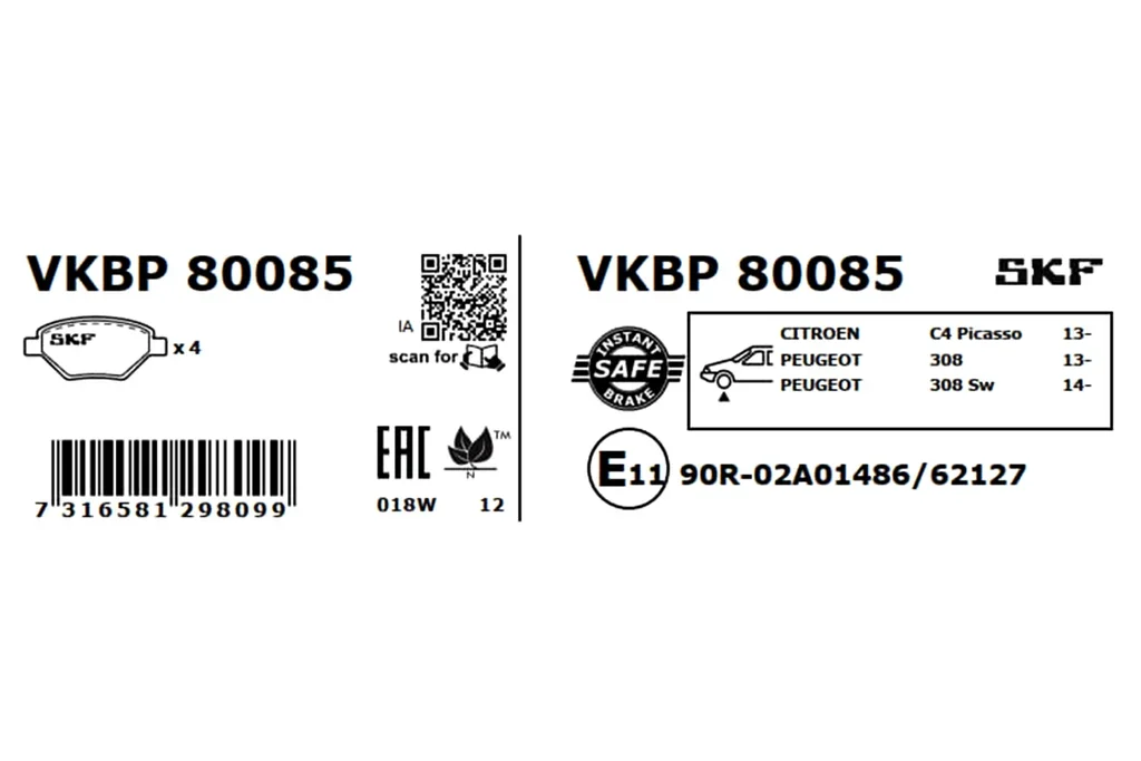VKBP 80085 SKF Комплект тормозных колодок, дисковый тормоз (фото 2)