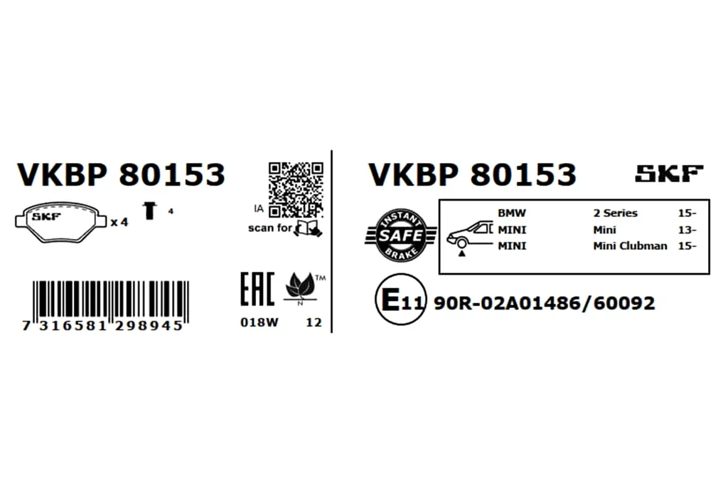 VKBP 80153 SKF Комплект тормозных колодок, дисковый тормоз (фото 2)